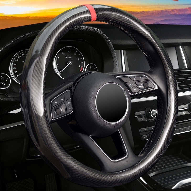 ZHOL Carbon Fiber Steering Wheel Cover, Universal Standard Size 14.5-15 inch Fashion Sport Auto Car Steering Wheel Accessories for Men, Black - Image 1